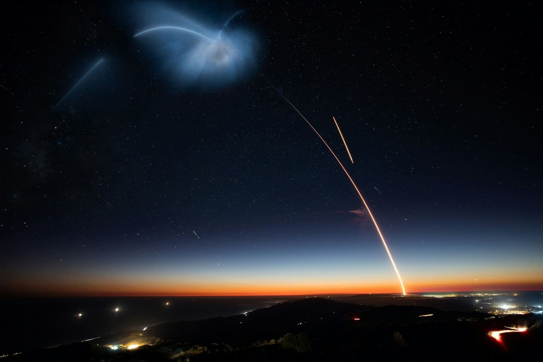 Long-exposure launch trail rising into a night sky