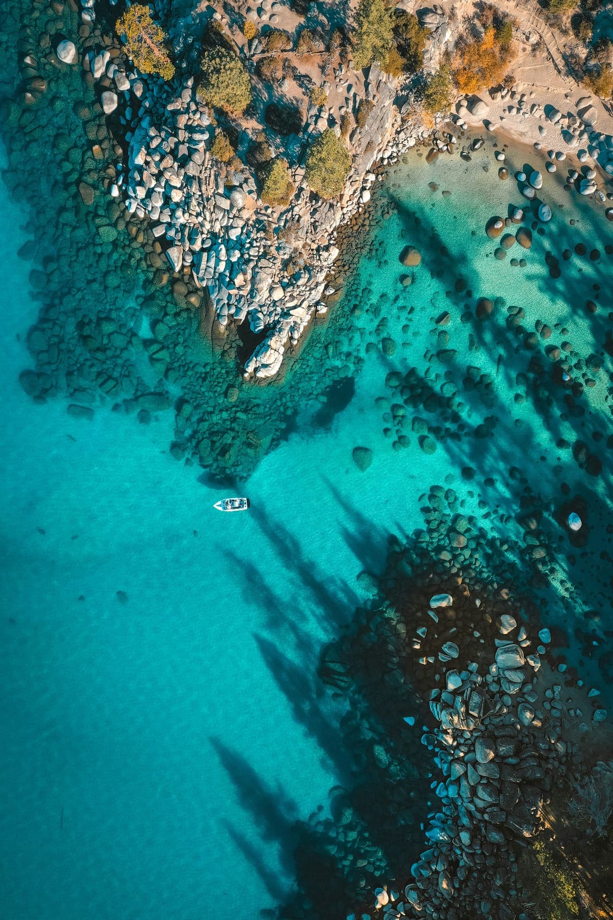 Aerial view of a Lake Tahoe cove with boats at anchor